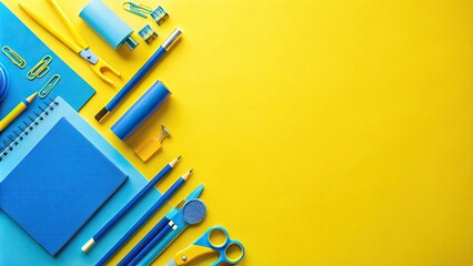 Bright blue and yellow school stationary on yellow background. Back to school concept