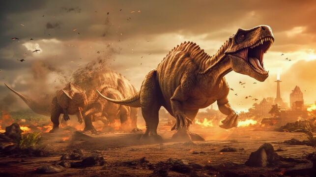 A scene from prehistory. Dinosaurs before extinction