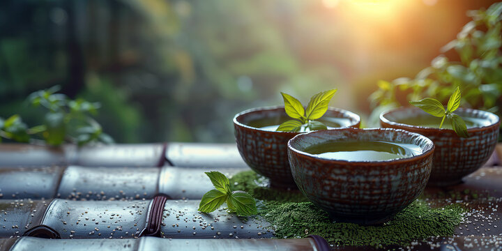 Close-up of cups ogf green tea  served in serene natural atmosphere at sunset.