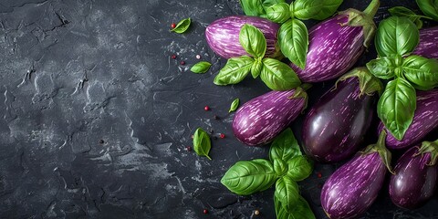 Fresh Organic Eggplants and Basil on Dark Rustic Surface