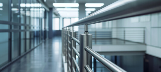 Obraz premium Modern office corridor with stainless steel railing