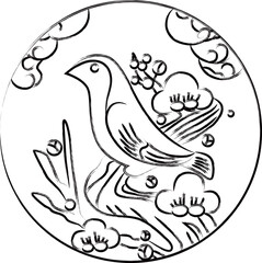 筆書き円形花札　鶯　如月　梅　2月　梅に鶯