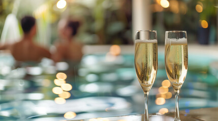 Two champagne glasses are on a table next to a pool