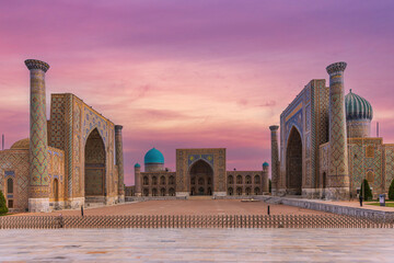 Historic Registan square with three madrasahs: Ulugh Beg, Tilya-Kori and Sher-Dor, Samarkend,...