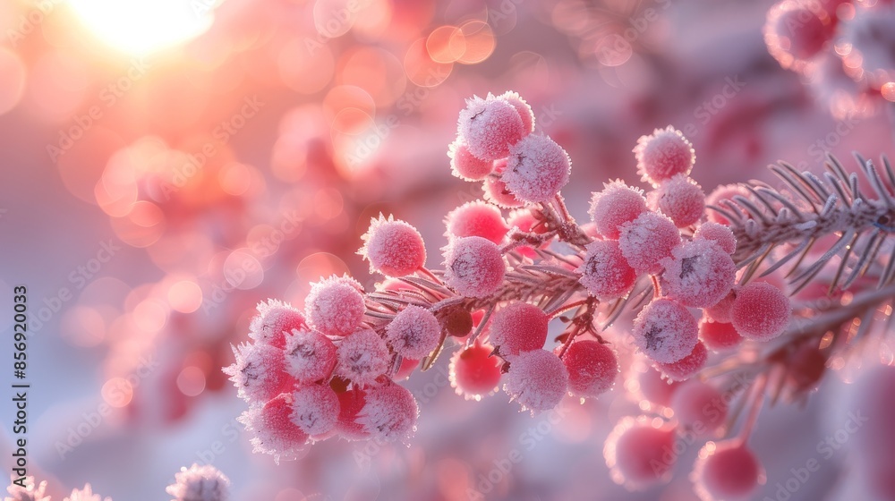 Poster close-up image featuring red berries with frost coverage, illuminated by the warm light of a morning