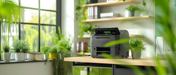 A printer sits on a desk in a home office, surrounded by lush green plants and a window.