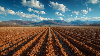 Dramatic sunset over a plowed field with rolling hills and a mountainous background