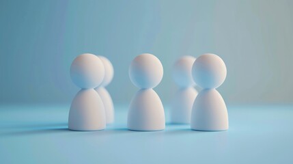 Minimalist image of white abstract human figures on a light blue background, symbolizing community, teamwork, and social connection. 3D Illustration.