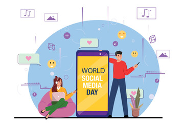 World Social Media Day, showcasing a man and a woman using mobile devices around a giant smartphone