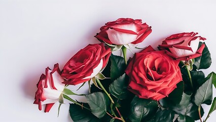 Rose flowers and leaves on white background
