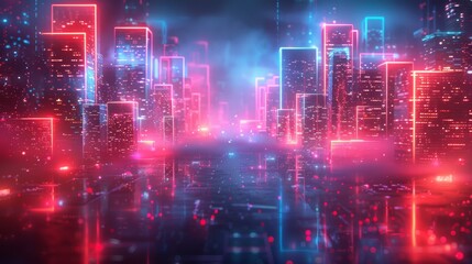 Obraz premium A vividly rendered image of a futuristic cityscape, bathed in neon blues and pinks, with an otherworldly, digital feel