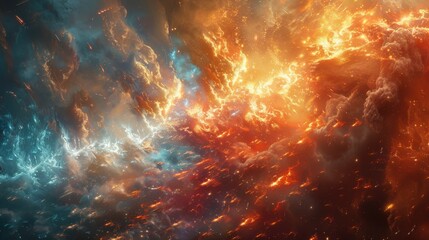 Naklejka premium A dramatic, high-energy depiction of a cosmic scene, resembling a celestial battle between fire and ice with vibrant colors