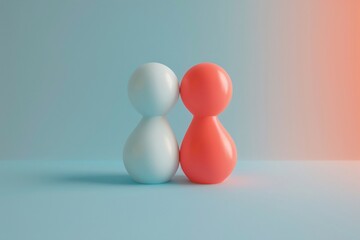 Minimalistic photo of two abstract figures, one blue and one red, leaning on each other on a soft gradient background. 3D Illustration.