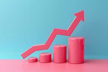 Pink 3D bar graph with upward arrow showing growth against blue background. Conceptual illustration of business success and financial growth. 3D Illustration.