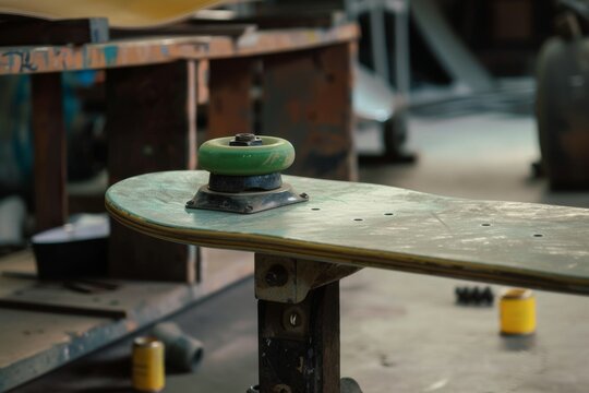 Skateboard close-up Spray paint, skateboard in work shop, no people