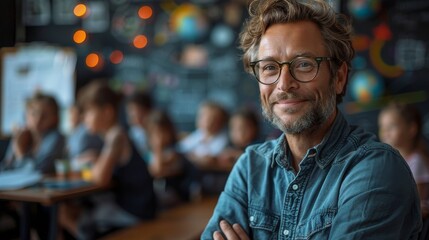 Fototapeta premium A bearded man with glasses smiling confidently in a cafe setting, exuding casual charm and approachability