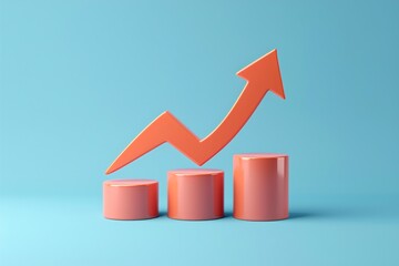 Red arrow and bar graph on blue background symbolizing business growth, financial increase, and positive success metrics. 3D Illustration.