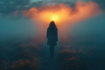 Obraz premium A lone woman walks towards the sunset engulfed in mist, evoking a sense of mystery and contemplation in a serene landscape