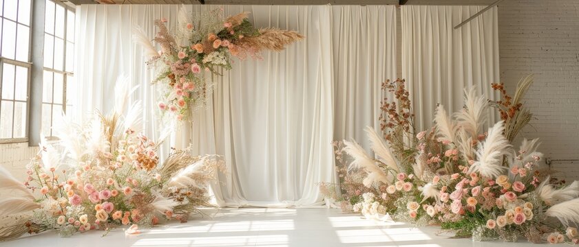 Boho wedding backdrop with pampas grass and floral arrangements.