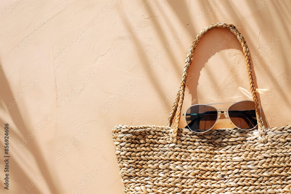 Poster Beach Bag and Sunglasses: A flat lay of a woven beach bag with a pair of sunglasses peeking out