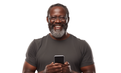 Attractive mature african american man chatting or typing text message using cell phone isolated over transparent background