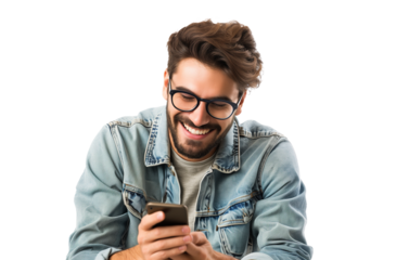 Attractive man chatting or typing text message using cell phone isolated over transparent background