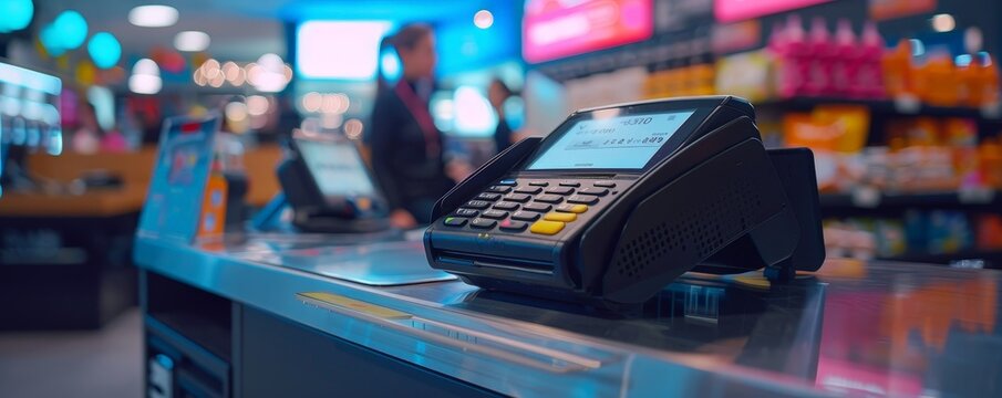 Closeup of a POS terminal on a store counter.