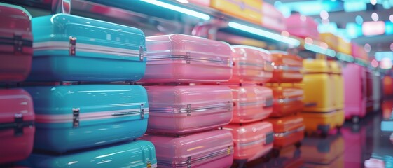 Colorful suitcases on a shelf in a store.