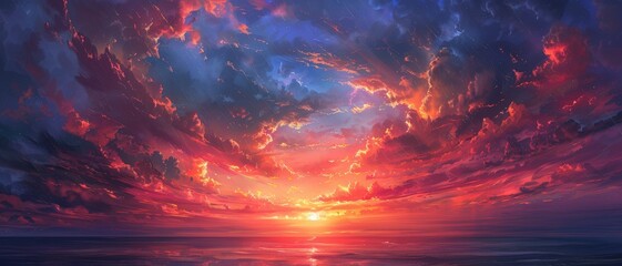 Obraz premium Dramatic sunset with vibrant clouds over a calm ocean.