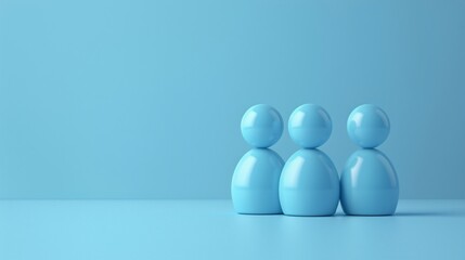 Three blue minimalist figurines lined up against a monochromatic blue background, symbolizing unity and simplicity in design. 3D Illustration.