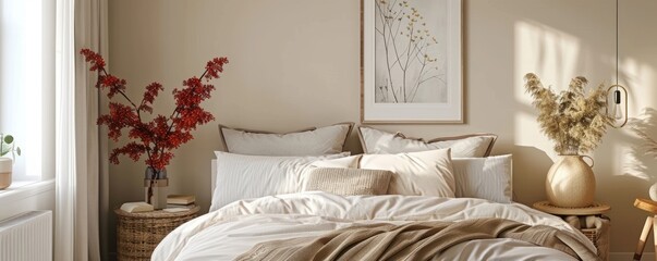 Cozy bedroom with a blank picture frame