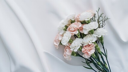 Modest bouquet of flowers on the white background symbol of love pink or beije carnations and small decoration branch