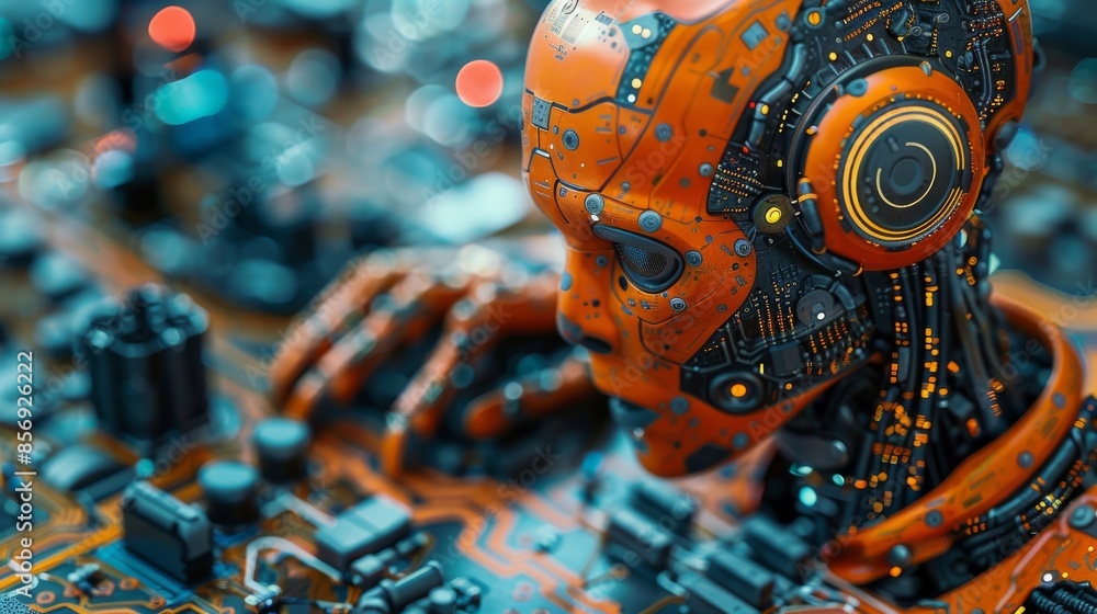 Poster close-up of an orange robotic head with intricate details on a circuit board backdrop