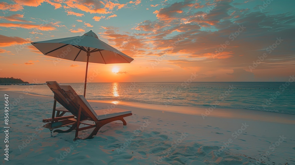 Canvas Prints Chaise lounge and umbrella on white clean sand and calm beach with beautiful sunset sky