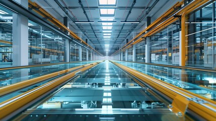 Fototapeta premium The grand interior of a next-gen logistics hub has glass floors revealing automated systems in mesmerizing motion.
