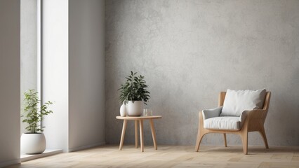 Interior home of living room with armchair and table on granite wall copy space mockup