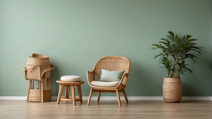 Interior home of living room with rattan armchair on pastel green wall copy space mock up, hardwood floor