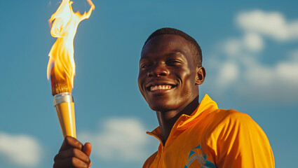 A happy smiling black male athlete solemnly carries the Olympic flame against the sky and smiling 
