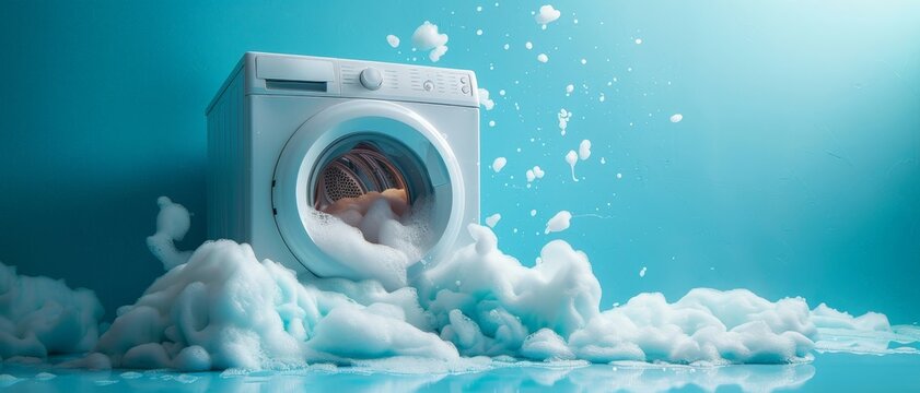 Washing machine overflowing with suds on a blue background, floating in cloudscape with fluffy clouds, symbolizing cleanliness and freshness in a dreamlike setting