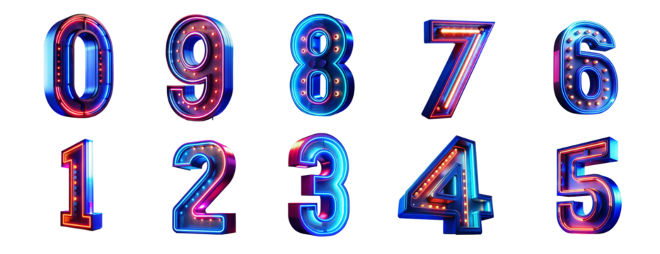 set of neon 3d numbers