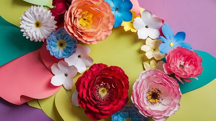 Fototapeta premium Beautiful flowers on a colored paper background top view with place for weaving