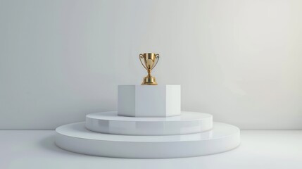 golden trophy placed on a white, three-tiered pedestal against a clean, minimalist background, symbolizing achievement, success, and victory.