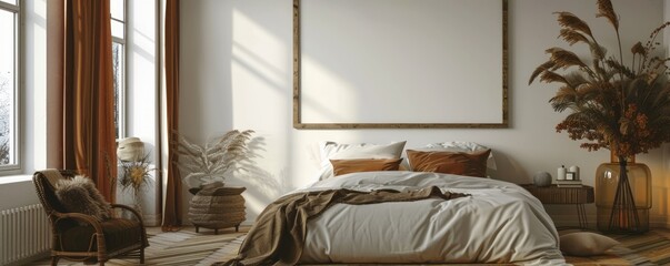 Cozy bedroom with a blank picture frame