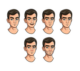 Six faces. Head with neck. Men have different emotions. Character for the game. Game character. 2D drawing. A man with dark hair with different moods.