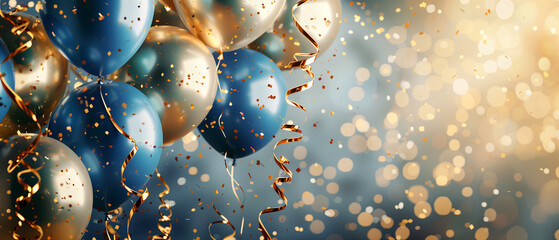 Birthday party holiday background with golden and blue metallic balloons, confetti and ribbons. Wide screen. Copy space.