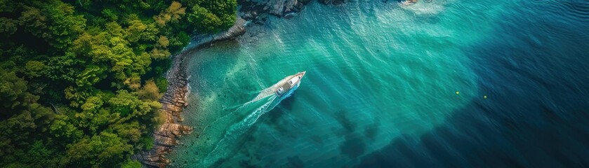 Naklejka premium Aerial view of a boat sailing on clear turquoise water near a lush green coastline, showcasing natural beauty and serene travel scenery.