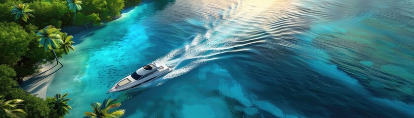 Naklejka premium Luxury yacht cruises through crystal clear turquoise waters surrounded by lush tropical greenery, making waves on a sunny day.