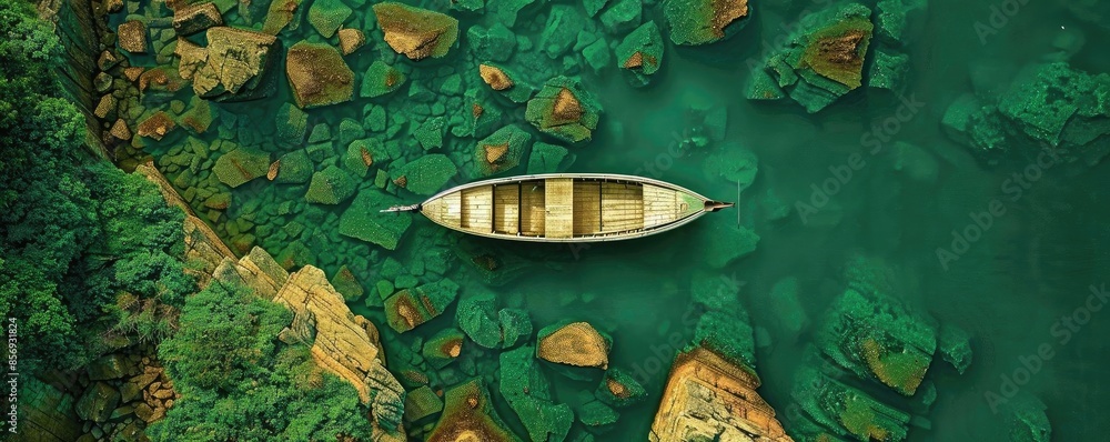 Poster aerial view of a small wooden boat floating in clear green water surrounded by rocks and lush greene