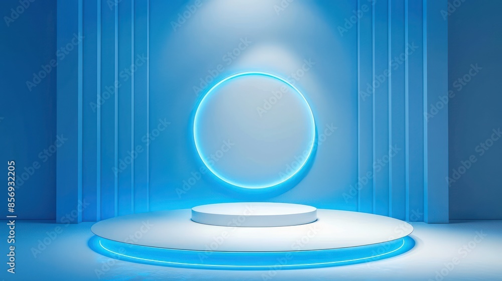 Poster a modern platform with circular base and glowing blue neon lights is seen, creating a futuristic and