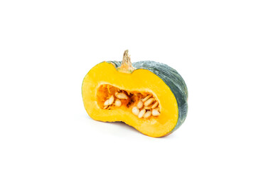Fresh pumpkin with cut in half  isolated on white background, Green pumpkin